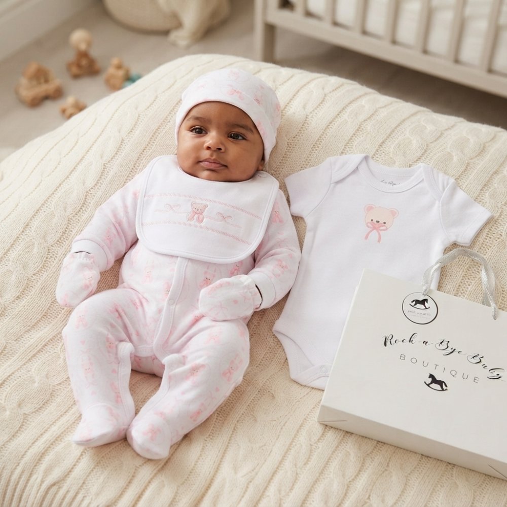 H12813NB: Baby Girls Teddy 6 Piece Mesh Bag Gift Set (NB-6 Months) H12813NB: Baby Girls Teddy 6 Piece Mesh Bag Gift Set (NB-6 Months)